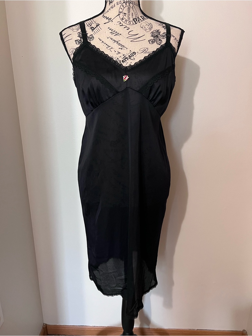 Vintage Elsie of Miami Black Lace Trim Full Slip Dress Floral Accent 36